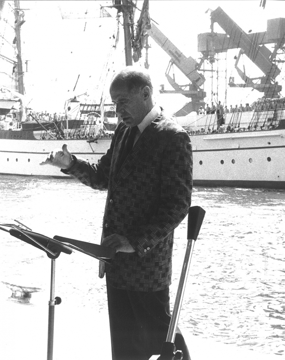 RAB conducting at Tall Ships Parade, NYC 1986 for 100th anniversary of Statue of Liberty