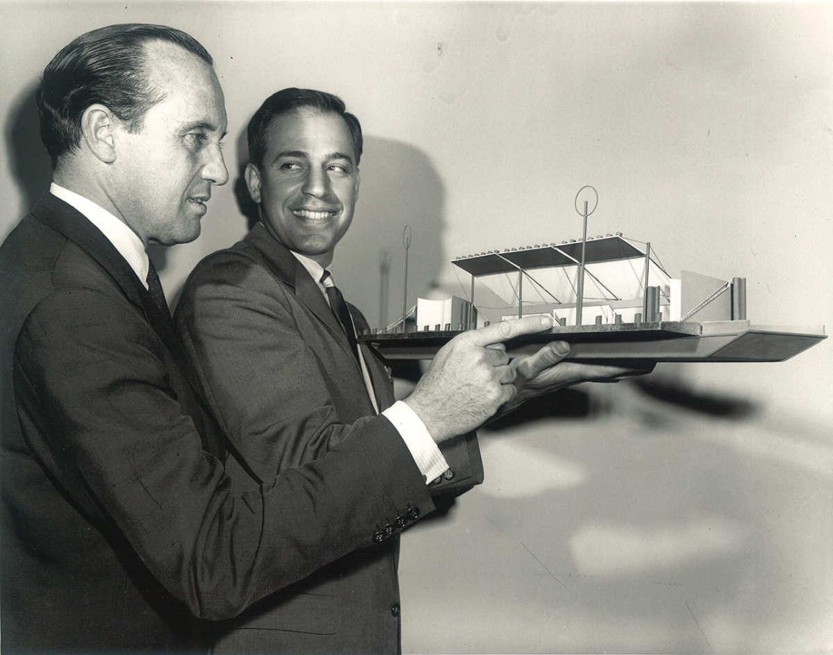 Henry J. Heinz II and RAB looking at Louis Kahn model of floating stage for Thames River Tour 1961 